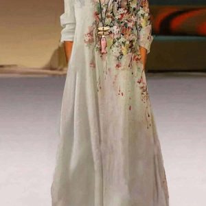 Crew Neck Regular Fit Dress, Maxi, color:Khaki|size:XXL, Noracora