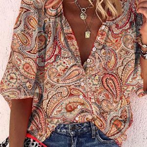 woman bohemian Stand Collar Boho Cotton Blouse, Shirts & Blouses, color:Brown|size:XXL, JustFashionNow