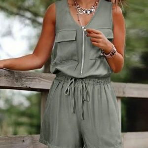 Pocket Decor Drawstring Sleeveless Romper, Jumpsuits＆Rompers, color:Deep Green|size:XXL, JustFashionNow