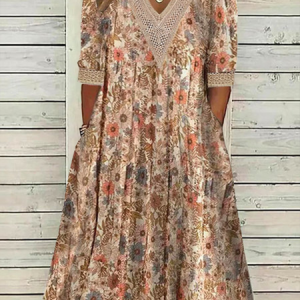 Plus Size Casual V Neck Floral Dress, DRESSES, color:Khaki|size:4X, Noracora