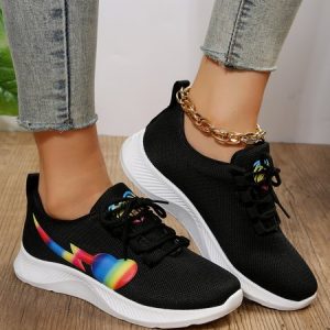 Rainbow Gradient Heart Lightning Graphic Shock Absorbing Soothing Sneakers, Sneakers, color:Black|size:43, JustFashionNow
