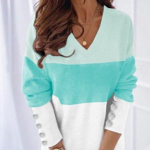 Casual Contrast V-Neck Loose Long Sleeve Pullover T-Shirt, T-Shirts, color:Green|size:XXL, JustFashionNow