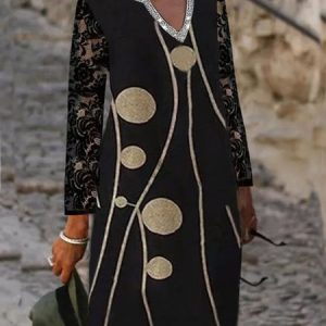 Casual Geometric Rhinestone Long Sleeve Dress, Short, color:Black|size:3XL, Noracora