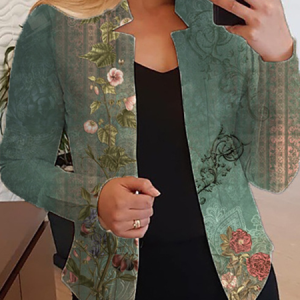 Long Sleeve Floral Regular Micro-Elasticity Loose Blazer For Women, Blazers, color:Green|size:4XL, Noracora