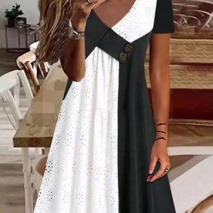 Casual V Neck Color-block Jersey Embroidery Dress, Dresses, color:Black-white|size:XXL, JustFashionNow