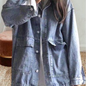 Plain Pockets Buckle Long Sleeve Casual Denim Jacket, Jackets, color:Blue|size:XXL, Noracora