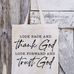 Women's Look Back & Thank God Shopping Tote, color:White|size:One-size, Lilicloth.com