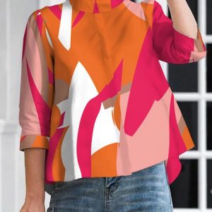 Half Turtleneck Abstract Graphic Urban Blouse, Blouses and Shirts, color:Orange|size:XXL, Stylewe