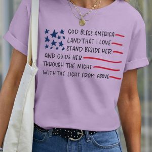 Women's GOD BLESS AMERICA Crew Neck Casual T-Shirt, color:Purple|size:3XL, Lilicloth.com