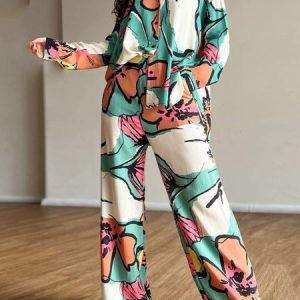 Random Print Regular Sleeve Urban Shirt Collar Loose Two-Piece Set, Suit Set, color:As Picture|size:XL, JustFashionNow