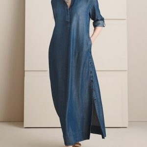Cotton-Blend Vacation Faux Denim Dress, Maxi Dresses, color:Deep Blue|size:XXL, Stylewe