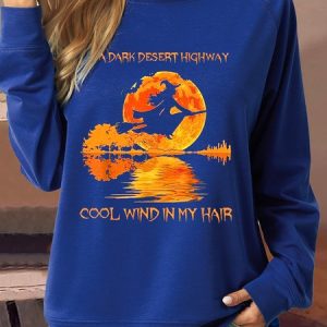 Women's On A Dark Desert Highway Witch Feels Cool Wind in My Hair Letters Casual Sweatshirt, color:Blue|size:3XL, Lilicloth.com