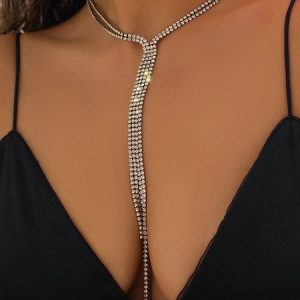 Elegant Diamond Long Tassel Necklace Party Wedding Women Jewelry, Necklaces, color:Silver|size:One-size, JustFashionNow