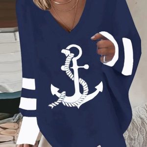 Anchor Casual Loose Sweatshirt, Hoodies & Sweatshirts, color:Blue|size:XXL, Noracora
