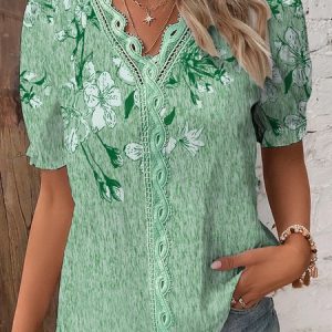 V Neck Lace Floral Casual Shirt, Shirts & Blouses, color:Green|size:XXL, JustFashionNow
