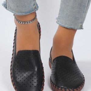Breathable Hollow out Comfy Sole Slip On Shoes, Flats/Loafers, color:Black|size:43, Noracora