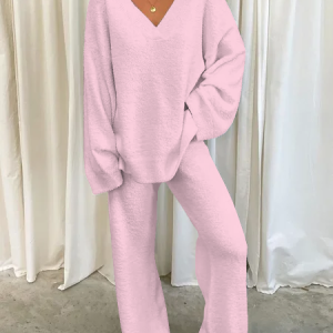 Casual Loose V Neck Household Two Piece Set, Sets, color:Pink|size:3XL, Noracora