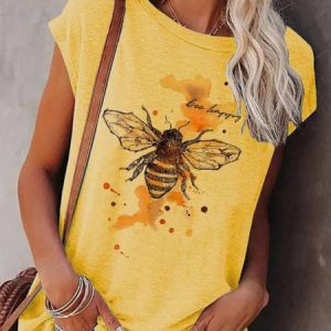 Round Neck Animal Regular Fit Short Sleeve T-Shirt, T-Shirts, color:Yellow|size:3XL, JustFashionNow
