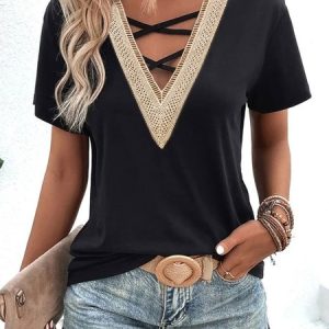 Plain Hollow Out Lace V Neck Cross Lace-up Short Sleeve Casual Shirt, Shirts & Blouses, color:Black|size:XS, JustFashionNow