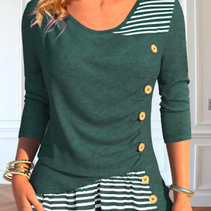 Striped Casual Buttoned Long Sleeve Shirt, Shirts & Blouses, color:Green|size:XXL, JustFashionNow