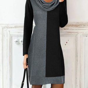 Loose Casual Long sleeve Color Block Dress, Short, color:Black-grey|size:XXL, Noracora
