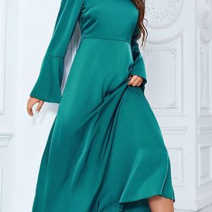 Women Plain Cross Neck Long Sleeve Comfy Party Maxi Dress, Dresses, color:Lake Blue|size:XL, Noracora