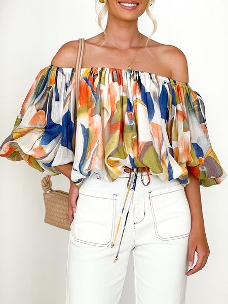 Boat Neck Vacation Loose Floral Print Shirt, Blouses and Shirts, color:As Picture|size:XS, Stylewe