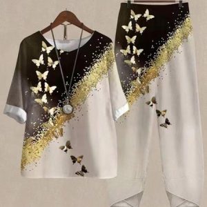Casual Crew Neck Regular Fit Two-Piece Set, Suit Set, color:Golden|size:3XL, JustFashionNow
