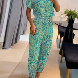 Ethnic V Neck Jersey Boho Two-Piece Set, Suit Set, color:Green|size:XXL, JustFashionNow