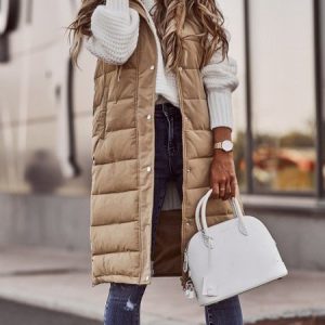 Women's Casual Plain Thick Cotton Jacket With Hood Long Vest Urban Daily Clothing, Vests & Gilets, color:Beige|size:3XL, JustFashionNow