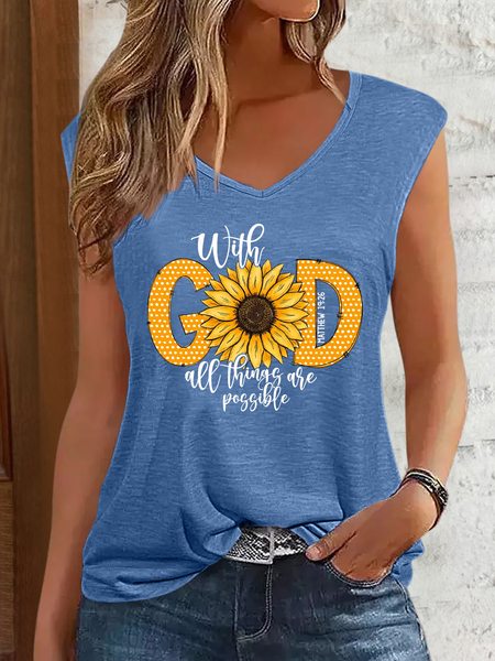 Women's Bible Verse With God All Things Are Possible V Neck Simple Tank Top, color:Blue|size:3XL, Lilicloth.com