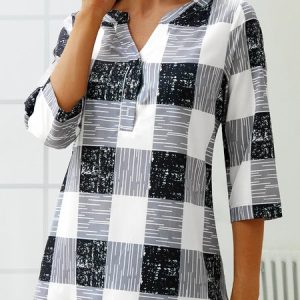 Casual Plaid Black Split Neck 3/4 Sleeve Blouse, Shirts & Blouses, color:Wine Red|size:XXL, JustFashionNow