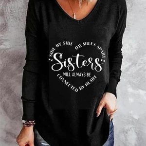Casual Text Letters V Neck Long Sleeve T-shirt, T-shirts, color:Black|size:XXL, Noracora