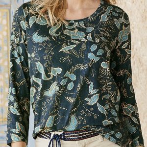 Ethnic Ethnic Crew Neck Long Sleeve T-shirt, T-shirts, color:Green|size:XXL, Noracora