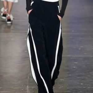 Zipper Color Block Casual Wide Leg Pants, Pants, color:Black|size:XXL, Stylewe