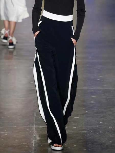 Zipper Color Block Casual Wide Leg Pants, Pants, color:Black|size:XXL, Stylewe