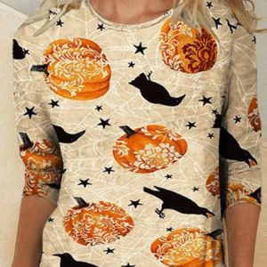 Casual Halloween (pumpkin) Crew Neck Long Sleeve T-shirt, T-shirts, color:Orange Red|size:XXL, Noracora