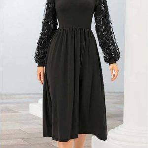 Women Plain Long Sleeve Comfy Party Midi Dress, Dresses, color:Black|size:XXL, Noracora