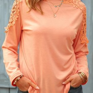 Crew Neck Long Sleeve Top, T-Shirts, color:Light Coffee|size:S, JustFashionNow