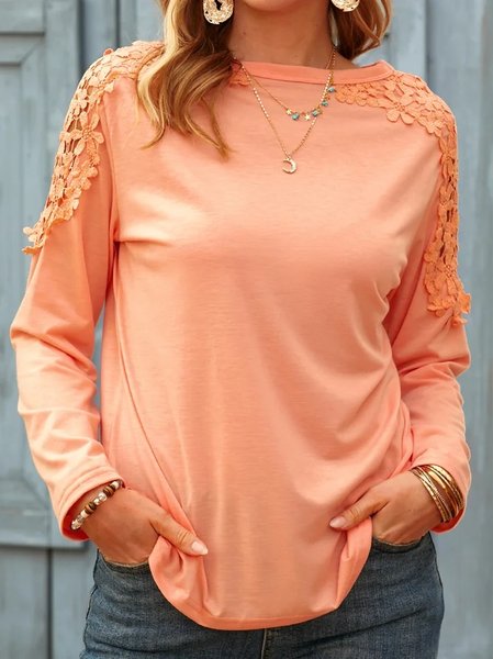 Crew Neck Long Sleeve Top, T-Shirts, color:Light Coffee|size:S, JustFashionNow