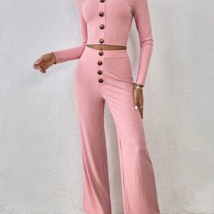 Women Plain Crew Neck Long Sleeve Comfy Casual Top With Pants Two-Piece Set, Sets, color:Pink|size:XXL, Noracora