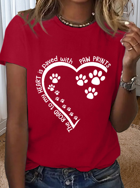 Women's Dog Lovers The Road To My Heart Is Paved With Paw Prints Loose Cotton T-Shirt, color:Red|size:3XL, Lilicloth.com