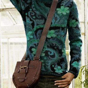 Black-Green Floral Cotton-Blend Long Sleeve Sweater, Sweaters, color:Olive green|size:US 16, JustFashionNow