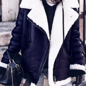 Furry Buckle Lapel Collar Faux Fur Jacket Warm Coat Jacket, Coats, color:Navy Blue|size:XXL, JustFashionNow