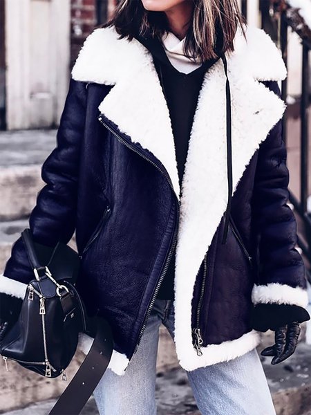 Furry Buckle Lapel Collar Faux Fur Jacket Warm Coat Jacket, Coats, color:Navy Blue|size:XXL, JustFashionNow