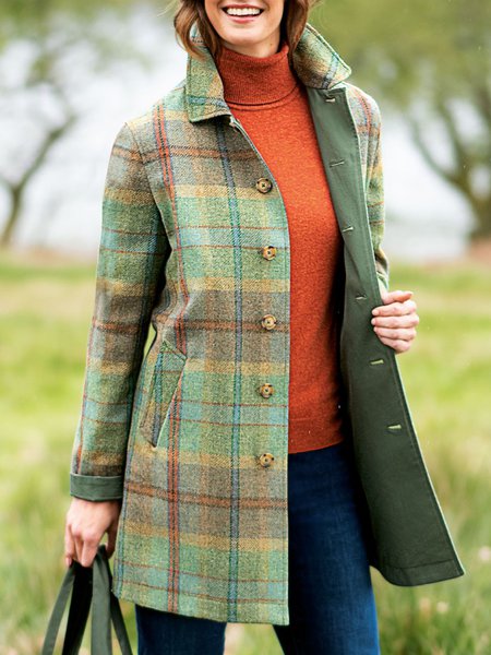 Green V Neck Pockets Long Sleeve Checkered/plaid Jacket, Jackets, color:Green|size:XXL, JustFashionNow