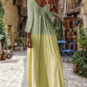 Graphic Printed Casual V-neck Long Sleeve Maxi Dress, Dresses, color:Green|size:XXL, JustFashionNow