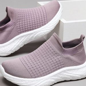 Sports Plain Slip On Flat Heel Fly Woven Shoes, Sneakers&Athletic, color:Pink|size:44, Noracora