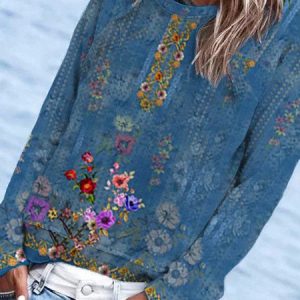 Crew Neck Casual Nationality/Ethnic Loose Sweatshirt, color:Blue|size:XXL, Lilicloth.com