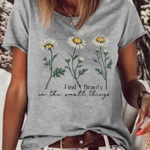 Women's Find Beauty In The Small Things Daisy Wildflower Crew Neck Casual T-Shirt, color:Gray|size:3XL, Lilicloth.com